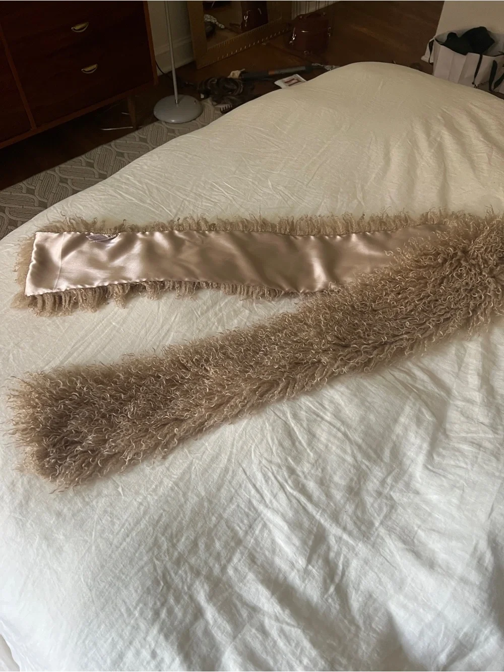 Free People Faux Fur Trim Satin Scarf in Taupe